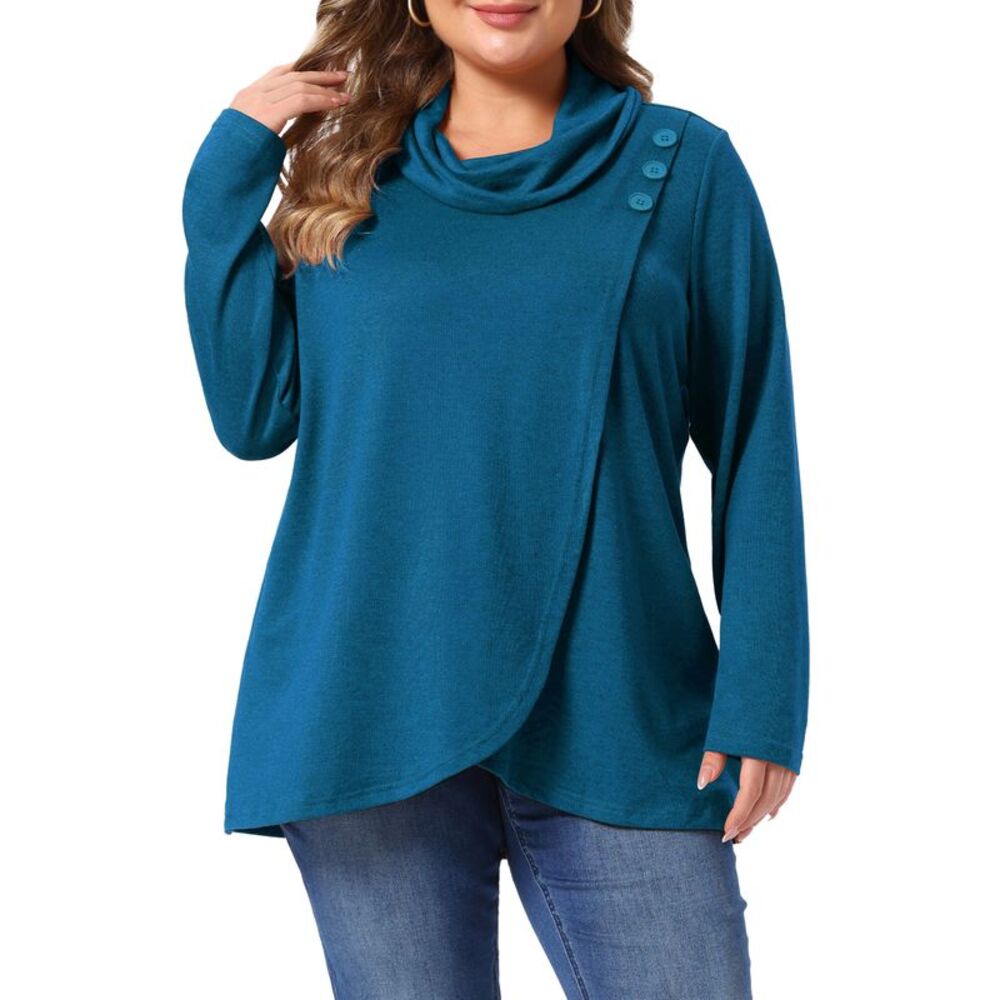 Women Plus Size Cowl Neck Long Sleeve Knit Tops Blue